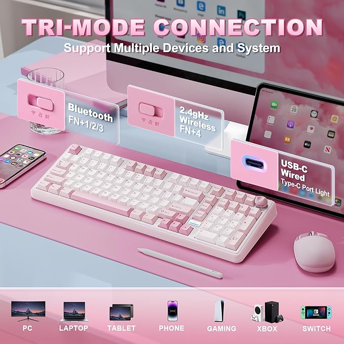 YUNZII B98 PRO QMK/VIA Wireless Mechanical Gaming Keyboard,96% Layout with Numpad and Cute Cat Knob, BT/2.4G/USB-C,Linear Switch Hot Swap Gasket,RGB for Win/Mac (Pink, Milk V2 Linear Switch)