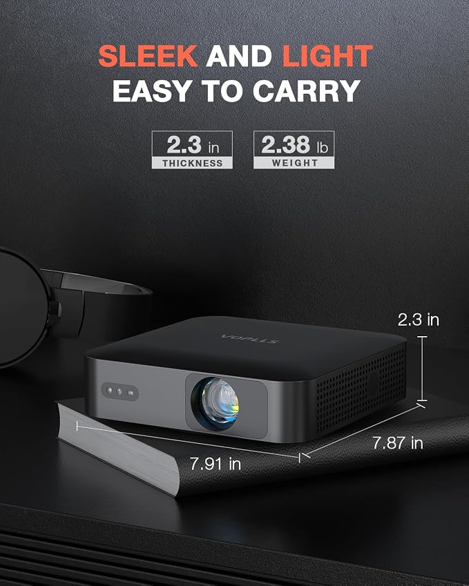 【Fun On the Go & Native 1080P】 Thinnest 1.81" Smart Mini Projector with WiFi and Bluetooth, Auto Focus & Keystone Portable Outdoor Projector, VOPLLS 4K Support Home Movie Projector