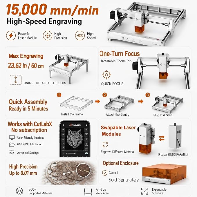 Laser Engraver, Carverall K15 Pro Laser Engraving Machine for Beginners DIY 200x300mm (Near A4) CNC Laser Cutter for Wood Coated Metal Acrylic Leather, Laser Radiation Power: 8.913μW Class 1