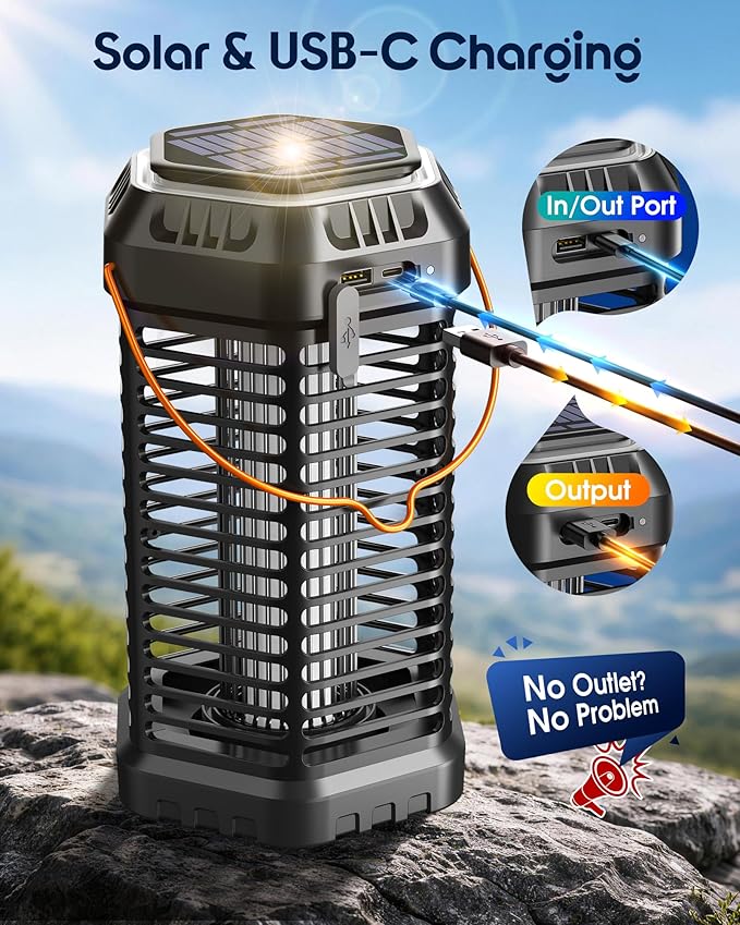Solar Bug Zapper Outdoor, Rechargeable Mosquito & Fly Zapper with Auto ON/Off, 6000mAh Long-Lasting, Foldable Camping Light, Solar & USB Powered Bug Zapper for Patio, Camping & Indoor Use