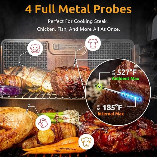 Yonktoo Wireless Meat Thermometer, Digital BBQ Thermometer with 4 Probes, Long Range Smart Grill Thermometer with Dual Sensors for Grilling, Smoking, Oven, Kitchen Cooking