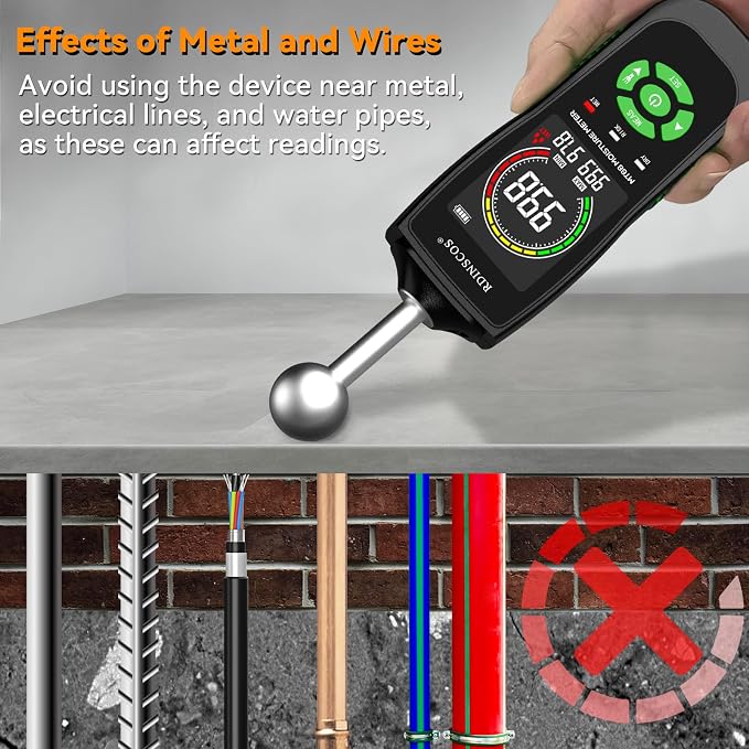 Pinless Digital Moisture Meter with Ball Sensor for Walls Wood Drywall | Digital Moisture Detector, For Basement, Narrow Corner, Concrete, Non-Destructive Scanner, LED Flashlight, Custom Alerts