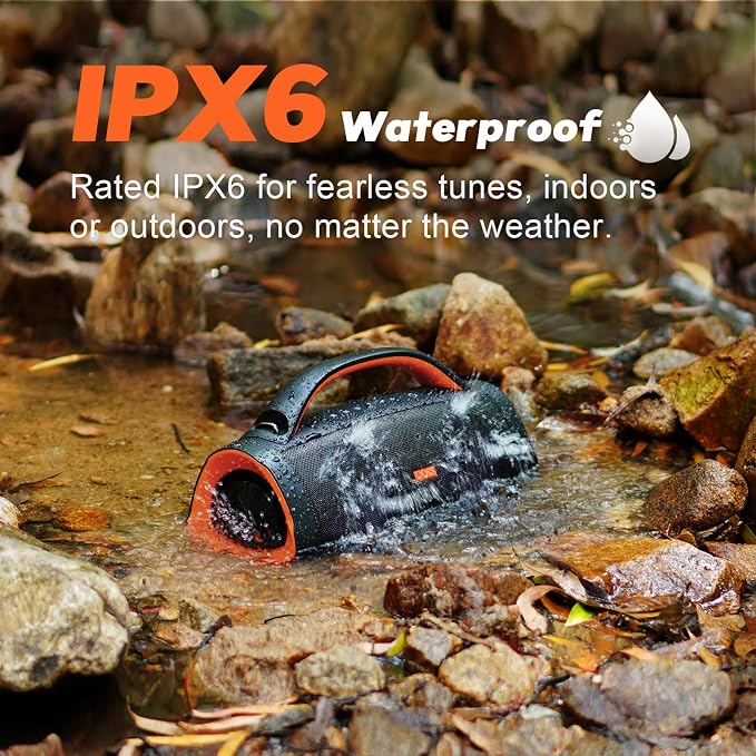 DOSS Extreme Boom Pro 100W Loud Outdoor Speaker, 2+2 Channel, IPX6 Waterproof, Bluetooth 5.3, 20H Playtime, Dynamic Lights, Portable Speaker for Camping, Beach, Pool, Working Outside - Orange