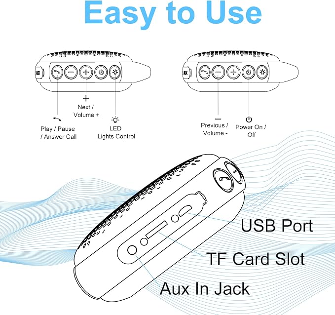 Bluetooth Shower Speaker, IP67 Waterproof with RGB Light, Portable with Hi-Fi Sound and Built-in Mic, Supports TF Card, Wireless for Home, Outdoor, Travel