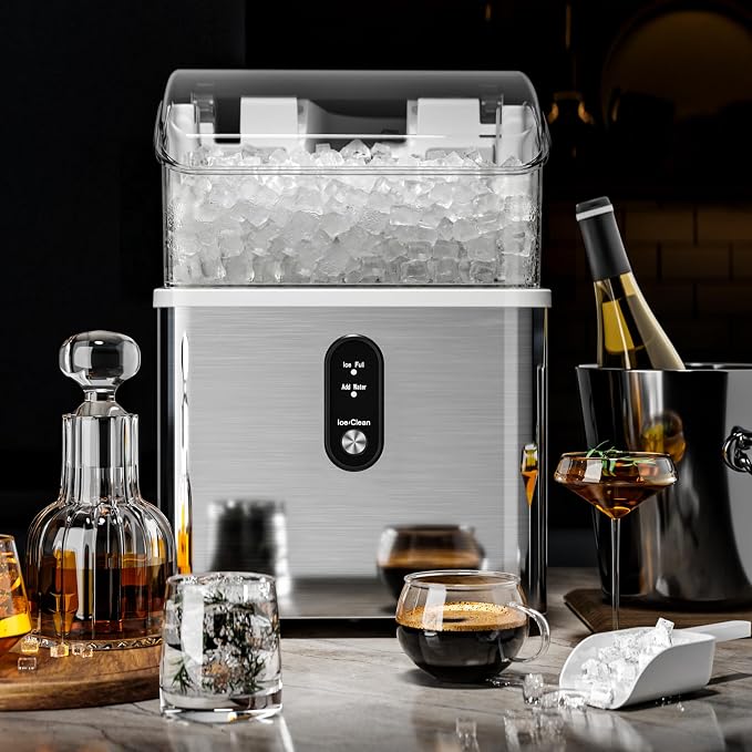 Kismile Portable Nugget Ice Maker Countertop, 33Lbs/Day Pebble Ice Machine with Self-Cleaning Function, Chewable Sonic Ice Maker with 1.1L Water Tank for Home Kitchen Office Bar