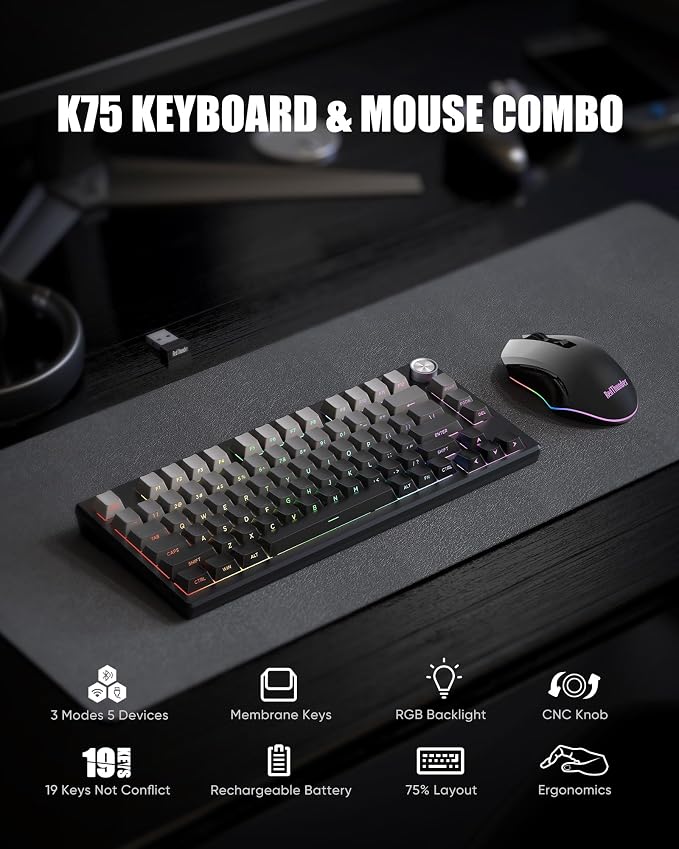 RedThunder K75 Wireless Membrane Keyboard & Mouse Combo,75% Side-Engraved Keycaps,Optical Gaming Mouse with 4800DPI,3 Modes(BT/2.4G/Wired),Dual System,RGB Backlit,Rechargeable Battery,Gradient Gray