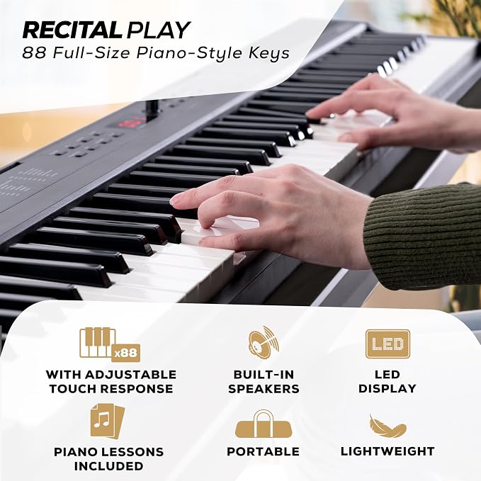 Alesis 88 Key Keyboard Piano with 480 Sounds, Speakers, USB MIDI, Sheet Music Tablet Rest, Power Adapter and Piano Lessons for Beginners