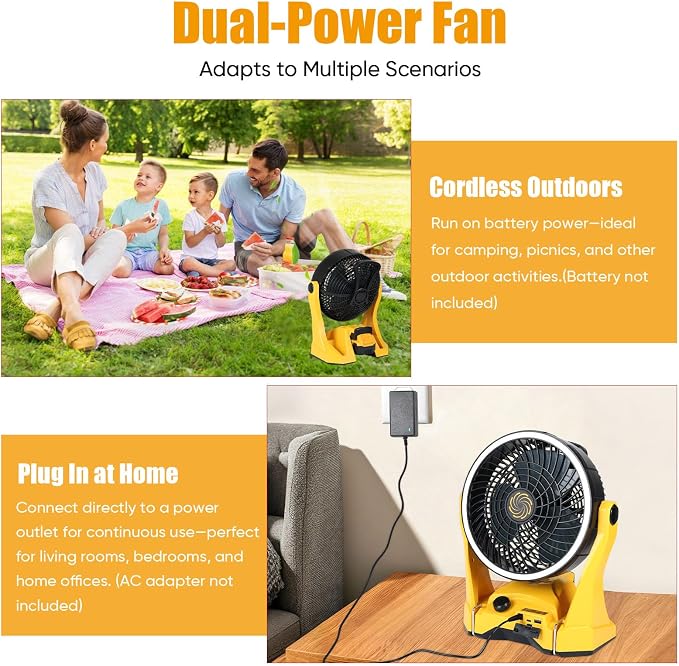 Fan Compatible with DeWalt 20V Battery Portable Jobsite Camping Fan with Infinite Speed Control USB-C and USB Charging, Hook, Handle 270° Tilt 4.5H Max Runtime for Outdoor Use Battery Not Included