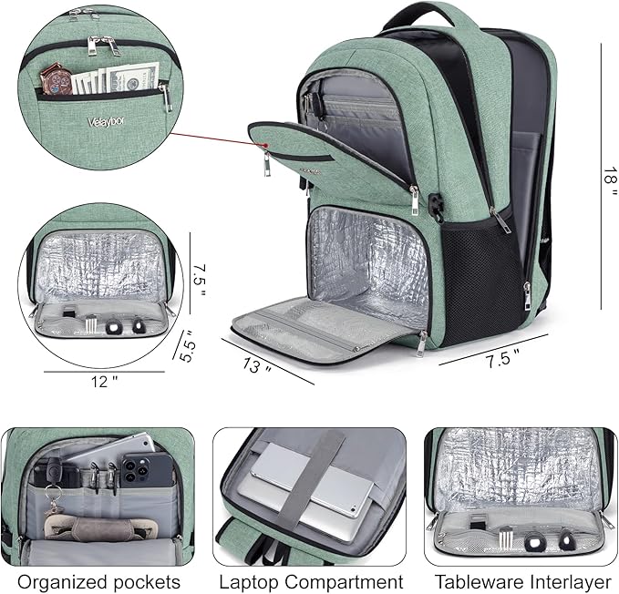 Insulated Lunch Backpack Fit 17" Laptop, Work Backpack with Lunch Box for Men & Women, Water Resistant College Computer Bag for Travel, Business, Hiking