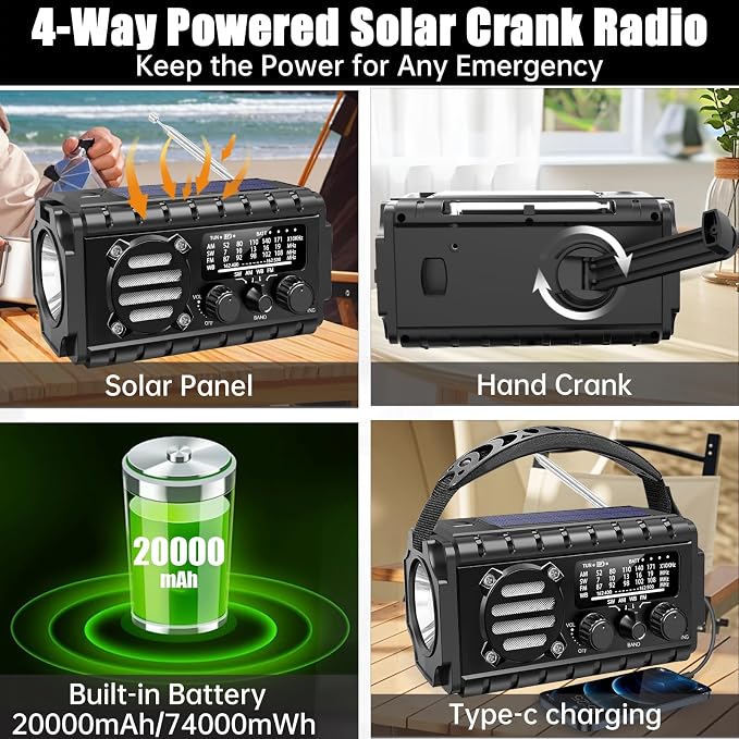 Aivica 20000mah Emergency Radio, SW/NOAA/AM/FM Weather Radio, Solar Powered Hand Crank Chager with Bige Batery Powered,Portable,Cellphone Charge,SOS,Flashlight for Emergency/Home (Black)