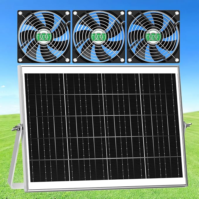 Solar Chicken Coop Fan 3 Kit, 25W Solar Powered Greenhouse Fan Outdoor Waterproof, Solar Exhaust & Intake Fans, Strong Airflow for Shed Dog House Circulation Ventilation Cooling, No Battery