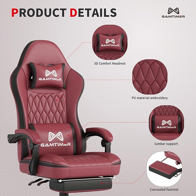 Gamtimer Gaming Chair with Footrest, Ergonomic Computer Chair, PU Breathable Material with Headrest and Lumbar Support, Suitable for Silla Gamer and Adults