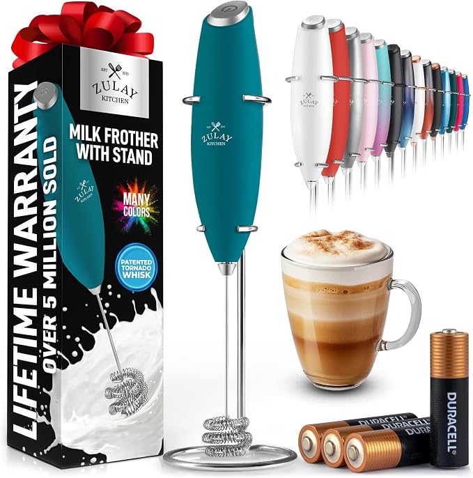 Zulay Kitchen Powerful Milk Frother Wand With Duracell Batteries - Ultra Fast Handheld Drink Mixer - Electric Whisk Foam Maker for Coffee, Lattes, Cappuccino & Matcha - Triple Whisk - Reign Emerald