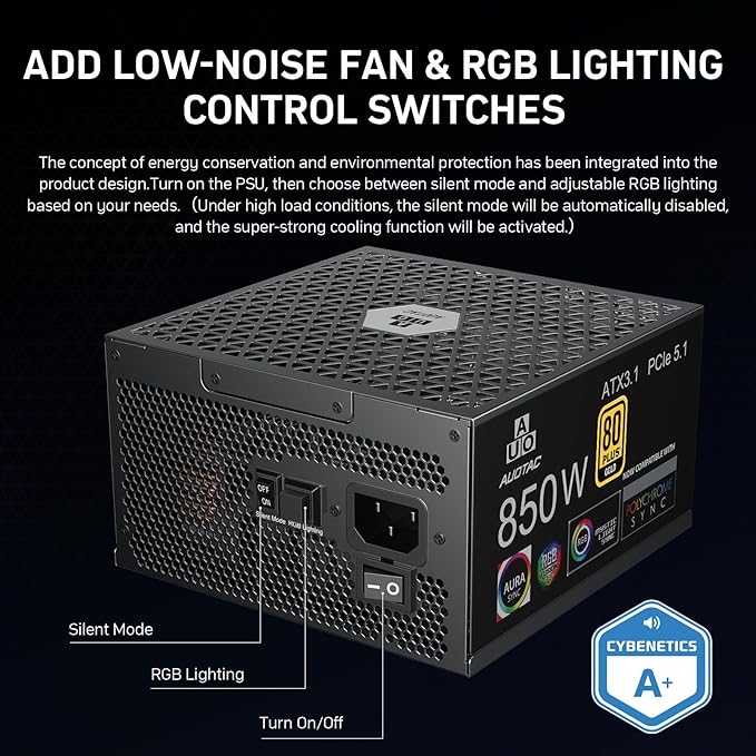 850W Fully Modular Power Supply, 80+ Gold Certified PSU, ATX 3.1 & PCIe 5.1 Ready, 12V-2x6 Native Connector, 140mm RGB Low-Noise Smart Fan, 105℃ Japanese Capacitors, Black