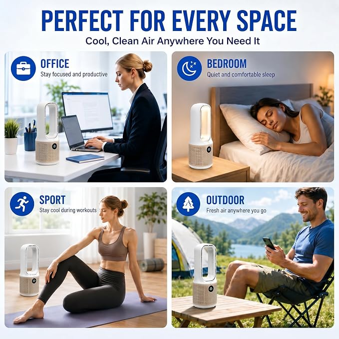 13.5" Bladeless Desk Fan, Quiet USB Rechargeable Portable Fan with 9 Speeds, 60° Oscillation, 1-9H Timer & 3-Level LED Night Light, Personal Cooling Fan for Bedroom, Office Desktop, Child & Pet Safe