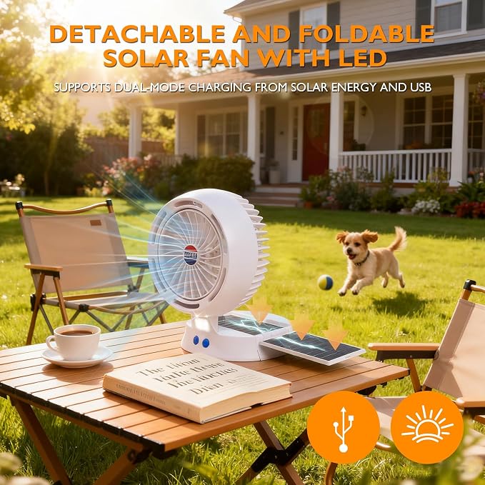 Rechargeable Camping Fan with Light - Solar Powered, USB/Battery Operated, 10400mAh, 4-Speed Adjustable, LED Lantern, Suitable for home and outdoor use.