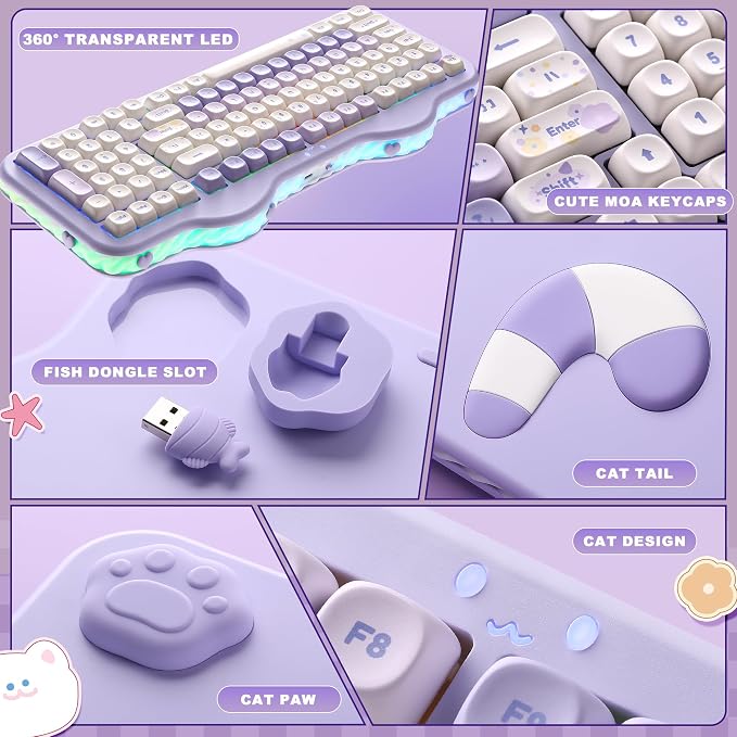 YUNZII C98 Wireless Mechanical Keyboard with Number Pad,99 Key BT5.0/2.4G/USB-C Hot Swap Gasket Mount with PBT MOA Keycaps,Custom RGB,Cute Cake Keyboard for Win/Mac (Purple, Candy Linear Switch)