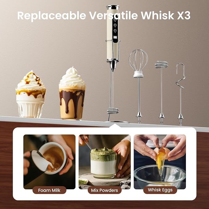 YUSWKO Beige Milk Frother Wand for Coffee with Stand, Handheld Coffee Frother, Rechargeable Drink Mixer, Waterproof Electric Whisk
