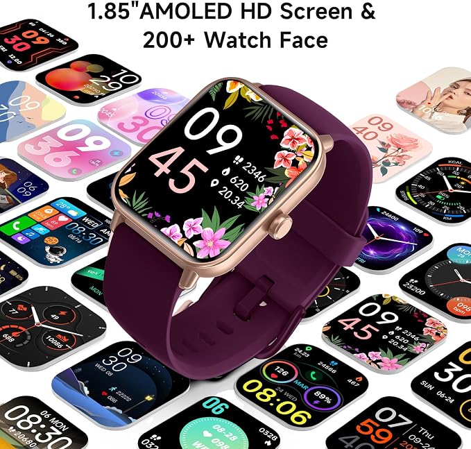 Smart Watch for Women Men,1.85 inch AMOLED Touchscreen for Android & iPhone,Fitness Watch 110+ Sport Modes Heart Rate/Sp02/Sleep/Calories Monitor IP68 Waterproof,Bluetooth Calls (Purple, 1.7)
