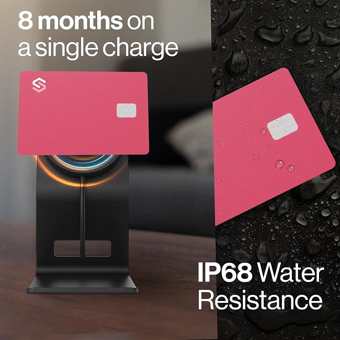 SPOTMINDERS Apple MFi Certified Credit Card Wallet Tracker PRO Pink (iOS Only) Travel Essentials for Women Works with Apple Find My Rechargeable Tracking Card IP68 0.07in Slim Item Finder for Passport