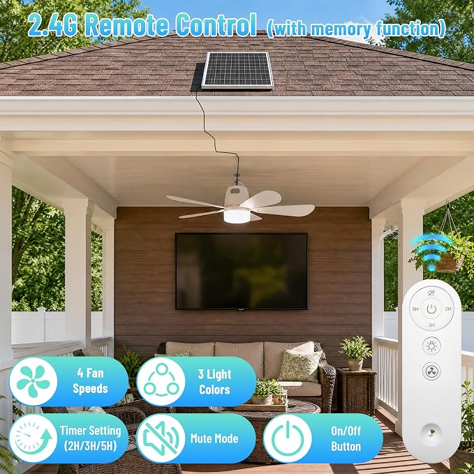 Solar Ceiling Fan 20'', 20000mAh Battery Portable Ceiling Fan with 30W Solar Powered, Remote & Hanging Hook, 3000k-6000k Dimmable Solar Fans for Outside, Tent, Gazebo, Canopy, RV, Chicken Coop