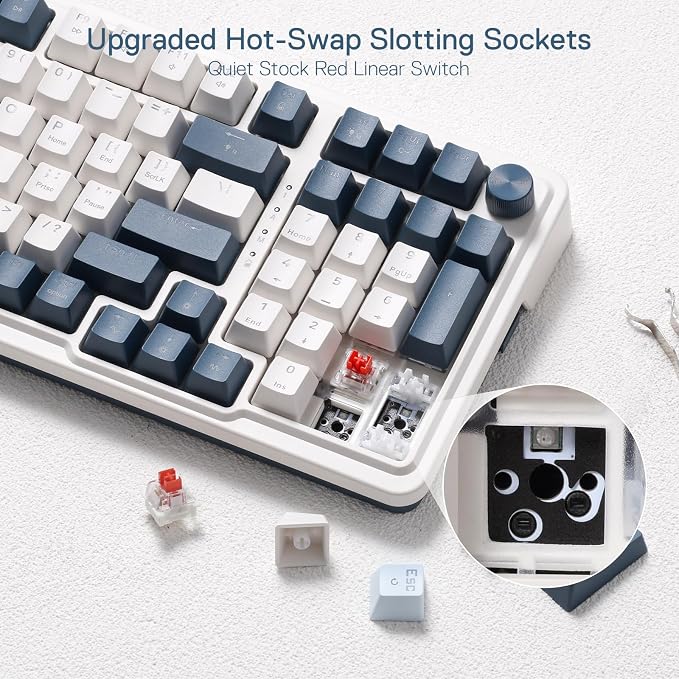Redragon K686 PRO 98 Keys Wireless Gasket RGB Gaming Keyboard, 3-Mode Win/Mac Mechanical Keyboard w/5-Layer Noise Dampening, Dedicated Knob Control & Hot-Swap in Linear Red Switch, Blue Himmel Color