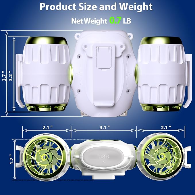 Portable Waist Fan, Shirt Fan with Light, 2025 Upgrade Cool Clip Rechargeable,8000mAh Power Bank,4 Speeds 12000RPM Strong Airflow for Camping Travel Fishing Hiking Cycling (Green White)