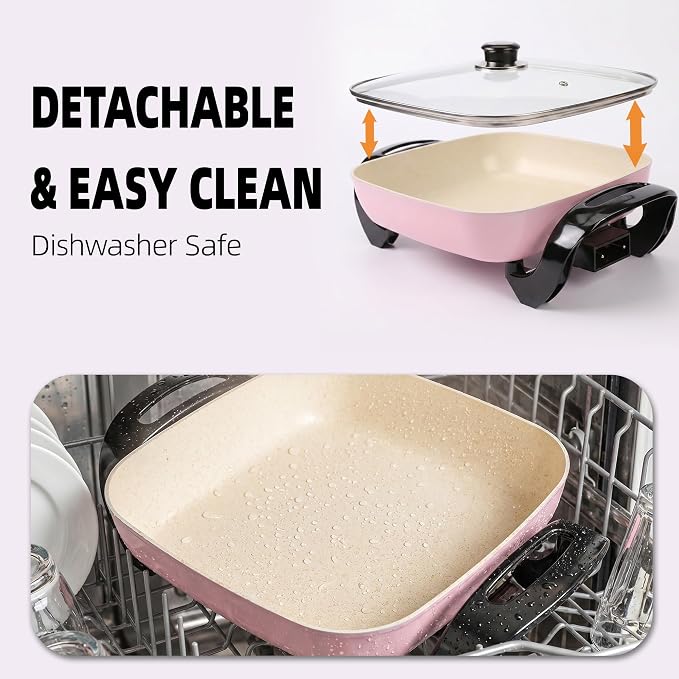 12'' Ceramic Nonstick Electric Skillet with Tempered Vented Glass Lid, Scratch-Resistant Surface, Cool-Touch Handles, Removable Easy-to-Clean, 120V 1200W 60Hz, Pink