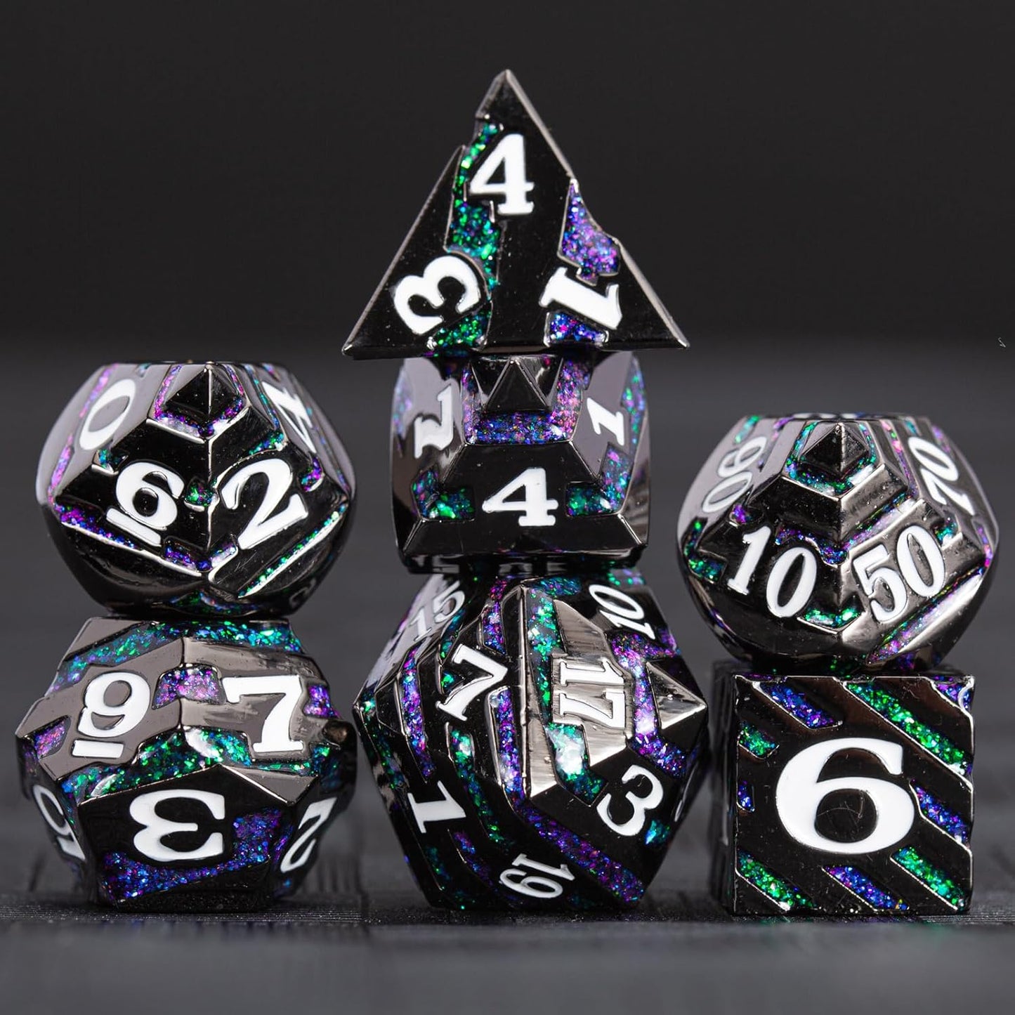 Dungeons and Dragons Dice, Metallic Stripes Dice with Gift Case, Metal Polyhedral Dice Sets for Tabletop Games D&D Role Playing Game (Black Nickel-Purple Green)