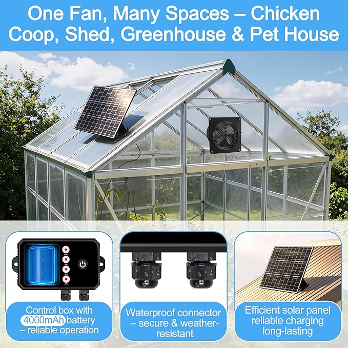 Solar Powered Fan for Chicken Coop, 15W Solar Panel Fan with Reversible Airflow 3 Smart 24H Circulation Modes 1-6 Speed & 1-8H Timer, Aluminum Fans for Poultry House Shed Greenhouse