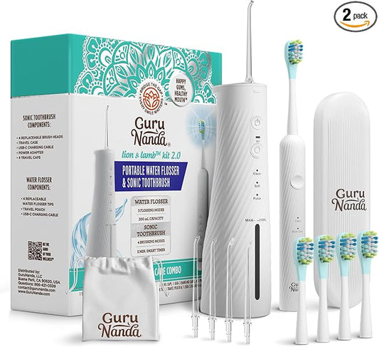 GuruNanda Lion & Lamb Kit 2.0, Electric Toothbrush with Water Flosser Combo, 4 Jet Tips, 4 Brush Heads, & IPX7 Waterproof Design for Complete Oral Care, White