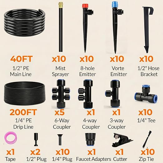240FT Drip Irrigation System for Garden: 30 Nozzles 1/2" PE Tubing Automatic Watering Kit Adjustable Misting Sprinkler Mister 1/4" Hose for Water Plants Tape Raised Beds Lawn Outdoor Greenhouse