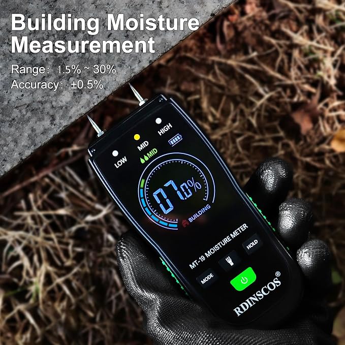 RDINSCOS Digital Moisture Meter Pin-Type Wood Moisture Detector | For Firewood, Lumber, Woodworking, Auto Alarm,Replaceable Pins, Built-in Flashlight, Home Inspection & Water Damage