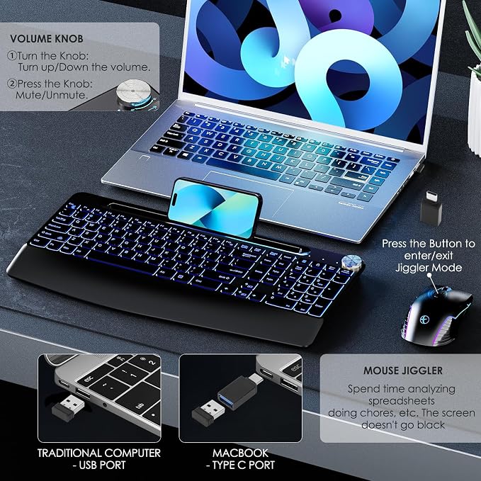 2.4G Wireless Keyboard with Mouse, Backlit Wireless Keyboard Mouse Combo,Rechargeable,with 7 Colored Backlits &Phone Holder &Wrist Rest &jiggler Mouse.Lighted up Full Size for Mac Windows Laptop PC