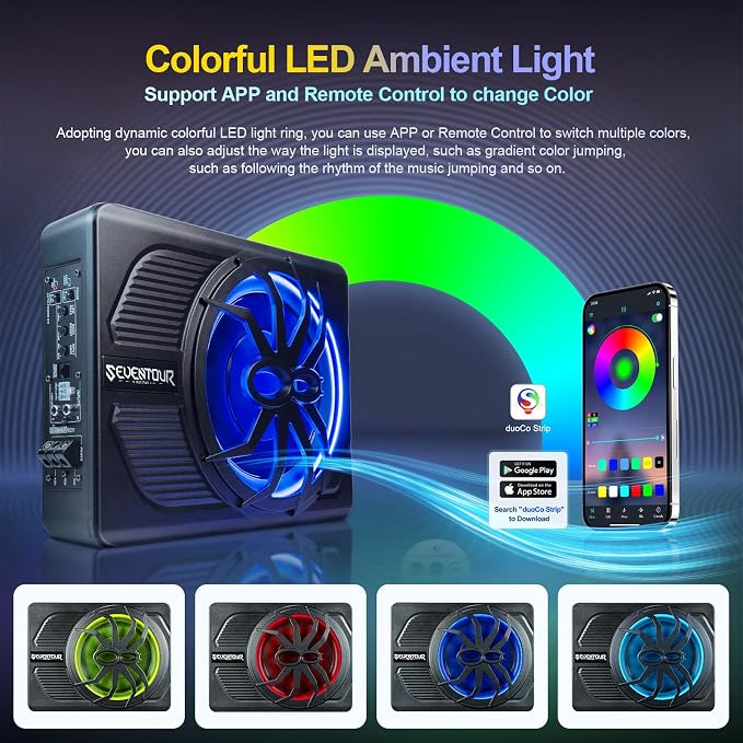Seventour 10" Upgrade 800W Slim Under Seat Powered Car Subwoofer, Car/Truck Audio Sub Built in Amplifier amp Combo, with Blue LED Light (RGB LED Subwoofer+Installation Wire Kit)
