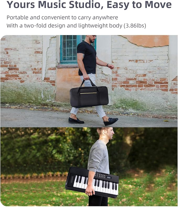 ADM 61 Key Folding Electric Piano Keyboard, Foldable Electronic Keyboard, Wireless 128 Tones, 128 Rhythms Includes Pedal, Gig Bag, Headphones for Beginners, Students, Teenagers, Adults, Black
