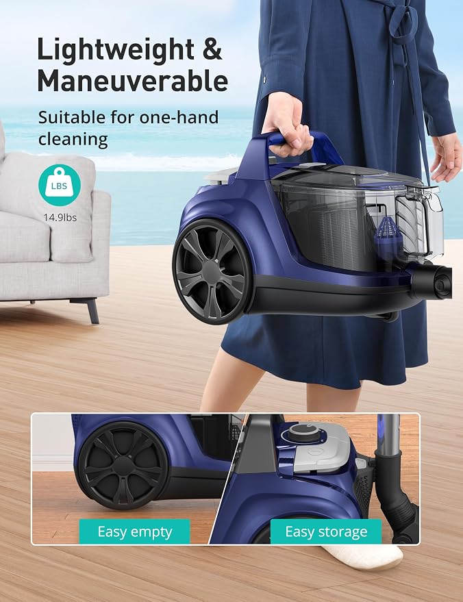 Aspiron 40Kpa Canister Vacuum Cleaner, 1600W Bagless Canister Vacuum Cleaner with 5 Tools, Auto Cord Rewind, H13 HEPA Filter, 4Qt Large Cup, for Hard Floors, Carpet, Pet, Upholstery, Tiles, Sapphire