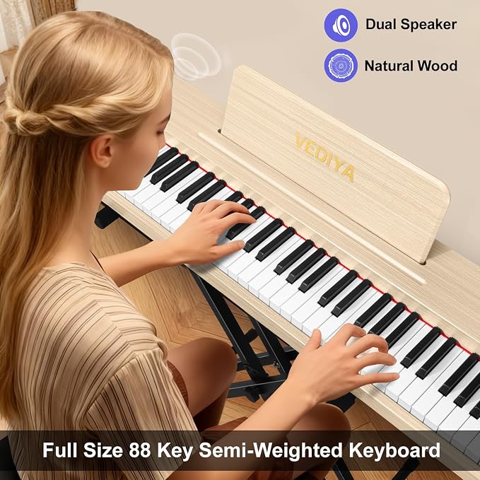 Digital Piano Keyboard 88 key,Semi-Weighted Electric Piano,Full Size Acoustic Piano for Beginners with,Pedal, USB-MIDI Compatibility (Apricot)