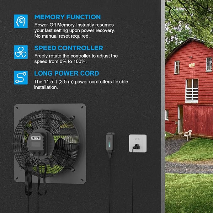 Shutter Exhaust Fan, 12'' Wall Mount Attic Fan with Speed Controller, Automatic Shutter, 1600 RPM, 5 Speed Adjustable, Ventilation and Cooling for Attic, Garage, Greenhouse