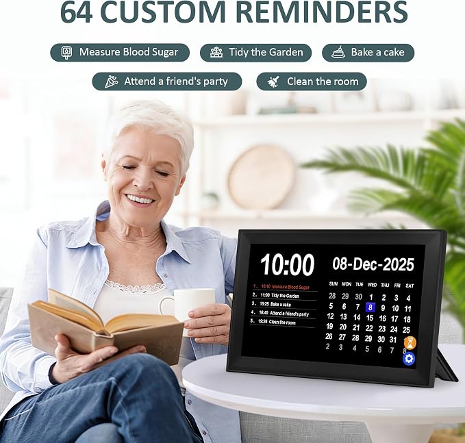 10.1" Touchscreen Digital Clock Large Display, Dementia Clocks for Seniors Custom 64 Alarms and Reminders, Auto DST, Auto-Dimming, Digital Alarm Clock with Day and Date for Elderly(Black)