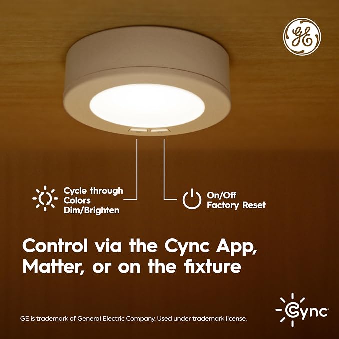 GE Cync Reveal HD+ Smart Undercabinet Puck Light Fixtures, Color Changing Undercab Puck Lights, Smart Wi-Fi Kitchen Lights, Works with Alexa and Google Home, 3-in (3 Pack)