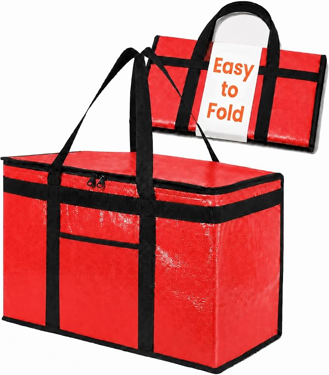 NZ home Insulated Bags for Food Delivery (2XL PRO) Grocery Shopping Cooler Bag, Pizza Delivery, Hot & Cold Catering Tote, Reusable, Foldable & Heavy Duty (Red)