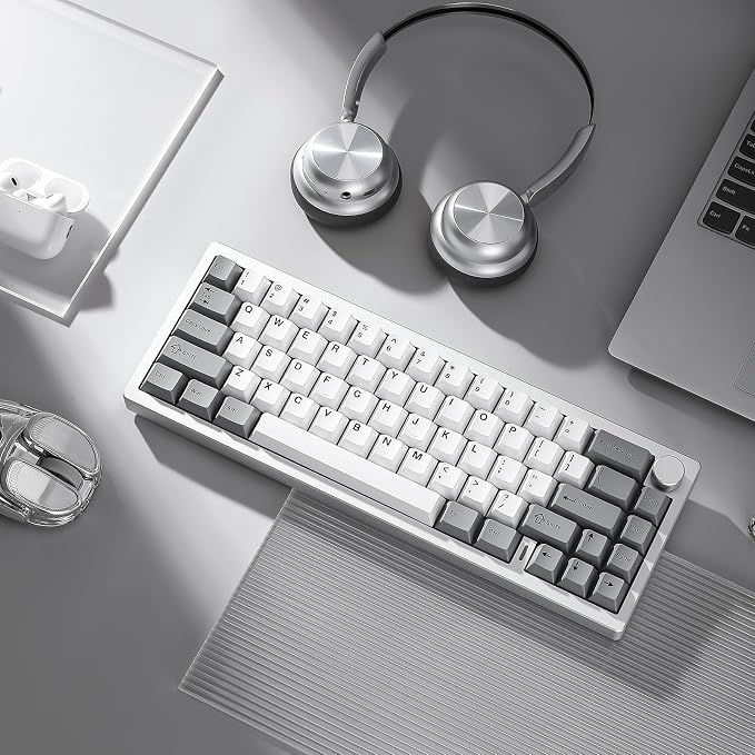 YUNZII AL68 Wireless Mechanical Keyboard,Full Aluminum CNC,60% Layout with Knob, QMK/VIA Software,Gasket Mounted,Hot Swappable,RGB Backlit,BT/2.4G/USB-C for Mac/Win (Silver, Cocoa Cream V2)