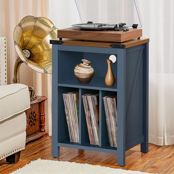 Joaxswe Record Player Stand with Vinyl Record Storage,Navy Blue Record Player Table Holds up to 160 Albums,Large Wood Turntable Stand Cabinet Dispaly Shelf for Living Room,Bedroom,Office