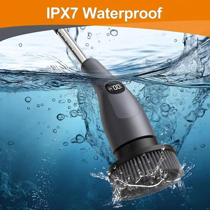 LIVINGPRO Electric Spin Scrubber with LCD Display, Cordless Cleaning Scrubber for Home, Upgraded 70W Dual Speed Motor, IPX7 Waterproof Power Scrubber, 7 Brush Heads, Extendable Long Handle
