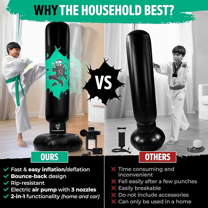 THB Punching Bag for Kids - Inflatable Punching Bag with Boxing Gloves for Kids Age 3-8, 63” Ninja Boxing Bag with Electric Air Pump to Practice Taekwondo, Karate, MMA, Bouncing Back