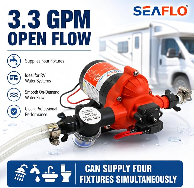 SEAFLO 33 series RV Water Pump - 12V, 3.0 GPM 45 PSI Diaphragm Pump, Self Priming On Demand Fresh Water Pump for RV Camper Boat Marine, Self Priming Pressure Pump, NSF UL 4-Year Warranty