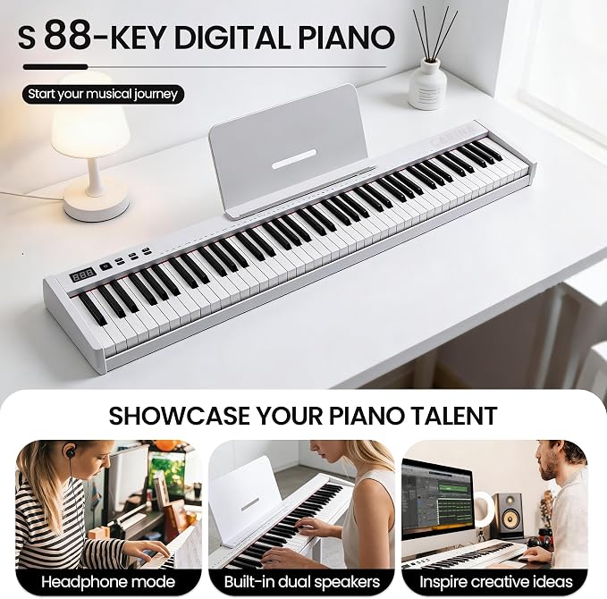 Carina 88 Key Piano Keyboard with Semi-Weighted Keys Portable Piano, 128 Tones, Speakers, USB-MIDI, Carry-Bag, Sustain Pedal, Electric Keyboard Piano for Beginners, (White)