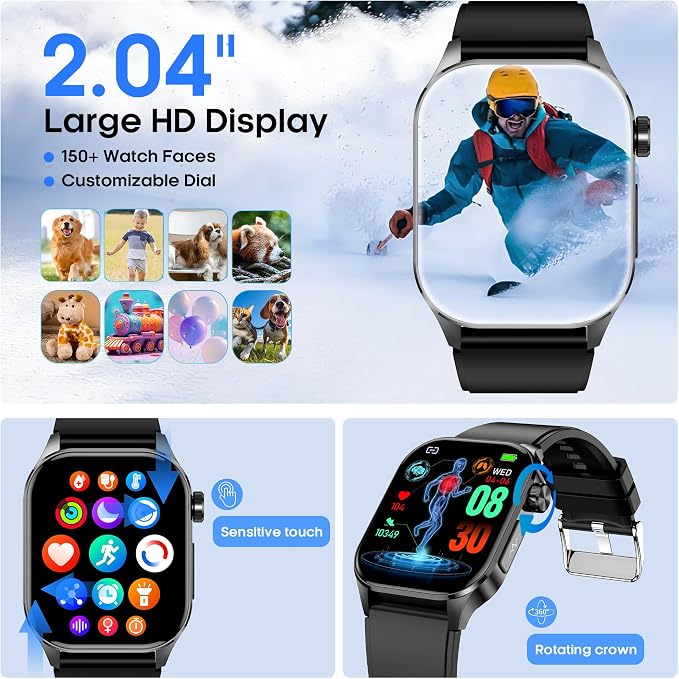 Yowow BIT Smart Watch for Men Women, 2.04" AMOLED Fitness Tracker with Bluetooth Call, Heart Rate SpO2 Blood Pressure HRV Sleep Stress, 150 Sports Modes, IP68 Waterproof for Android iOS (Blue)