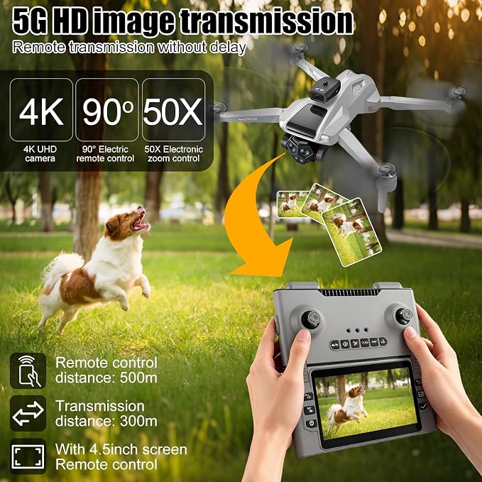 OBEST 5G GPS Drones with Camera for Adults 4K Professional, Drones with 4.5-Inch HD Screen Brushless Motor, Auto Return, Follow Me, One Key Start, Foldable RC Quadcopter for Beginners